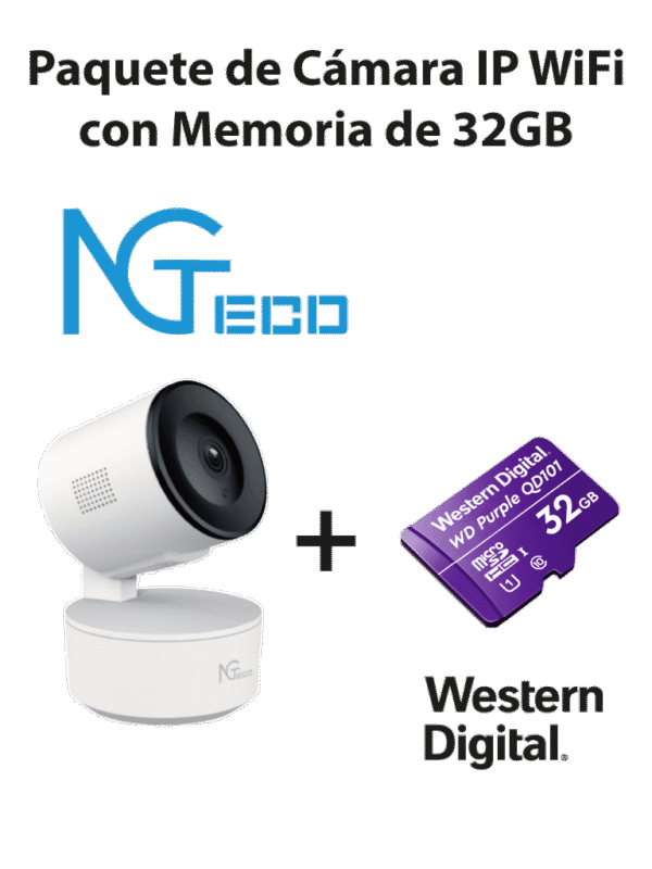 Cámara NGC2301 IP Wi Fi 1080P con Memoria de 32GB Micro SDHC Linea Purple Clase 10 U1 - NGTECO 2301 With SD Card
