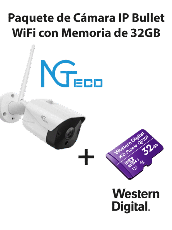 Cámara NGC401 IP Bullet Wi Fi 1080P con Memoria de 32GB Micro SDHC Linea Purple Clase 10 U1 - NGTECO C401 With SD Card