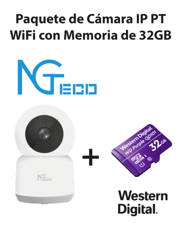 Cámara NGC2401 IP PT Wi Fi 1080P con Memoria de 32GB Micro SDHC Linea Purple Clase 10 U1 - NGTECO C2401 With SD Card